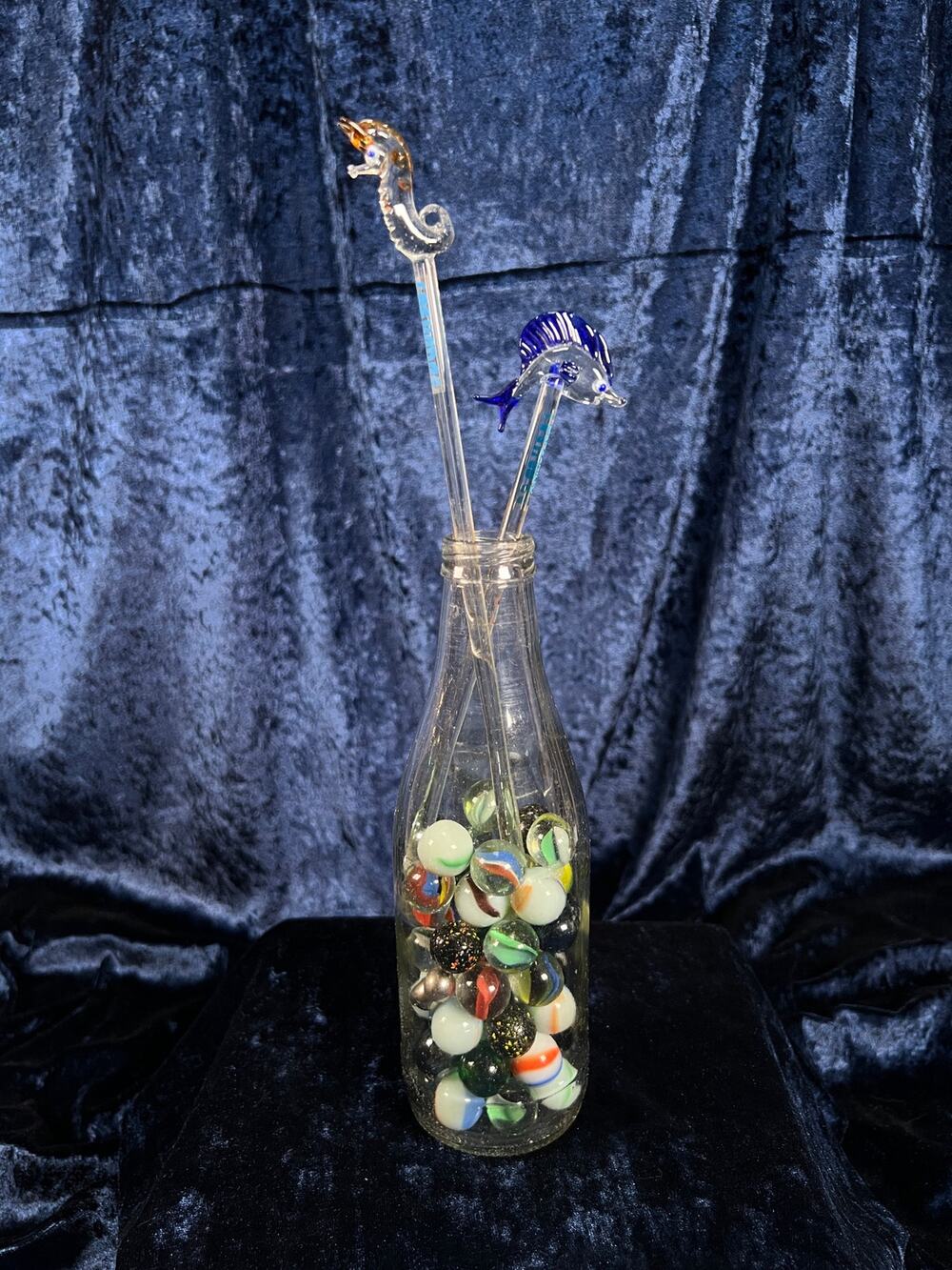 Vintage Glass Bottle with Marbles - Seahorse Stirrers and Novelty Barware Set
